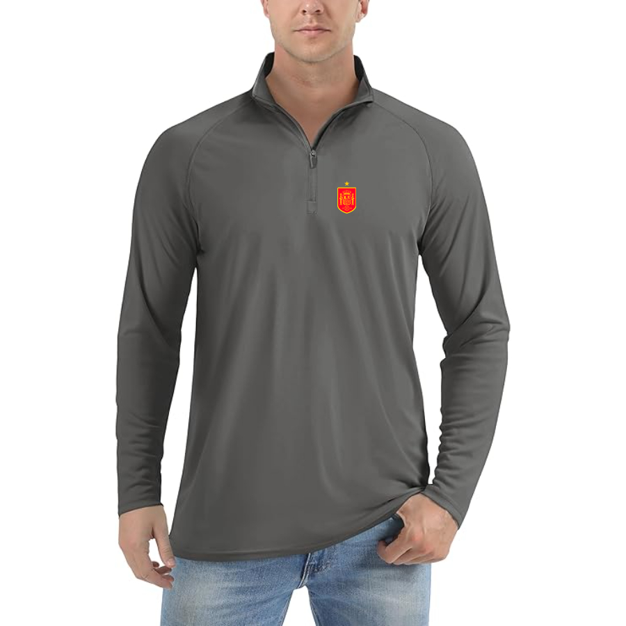 Men’s Spain Red Logo National Soccer Team  - Lightweight Quarter-Zip Athletic Shirt – Long Sleeve Performance Wear