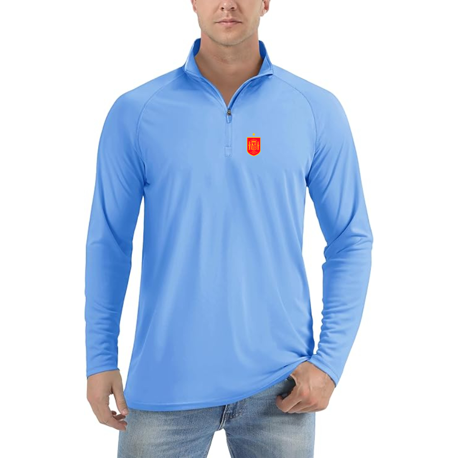 Men’s Spain Red Logo National Soccer Team  - Lightweight Quarter-Zip Athletic Shirt – Long Sleeve Performance Wear