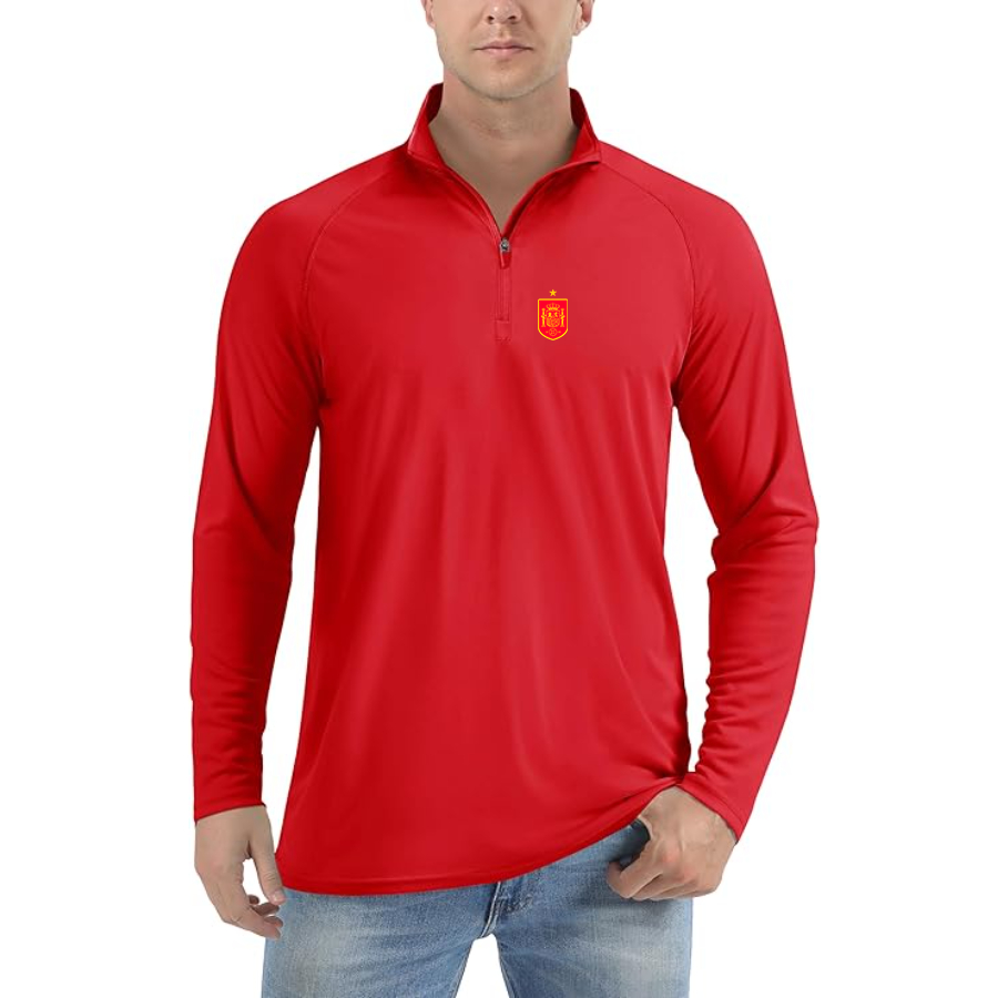 Men’s Spain Red Logo National Soccer Team  - Lightweight Quarter-Zip Athletic Shirt – Long Sleeve Performance Wear